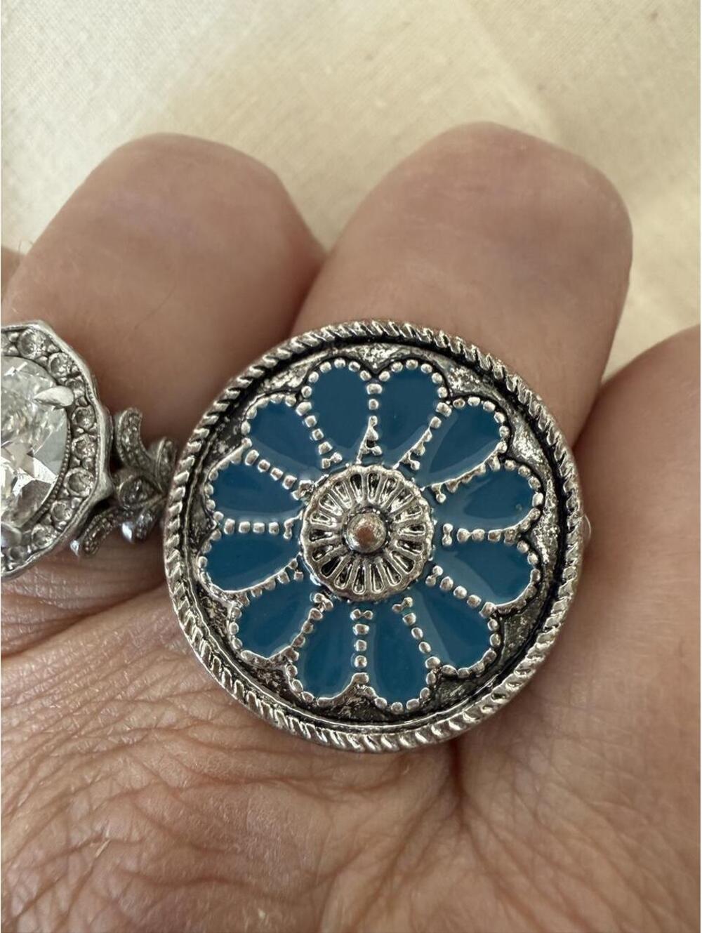 Turquoise Blue Enamel Concho Stretch Ring Silver Tone Boho Statement